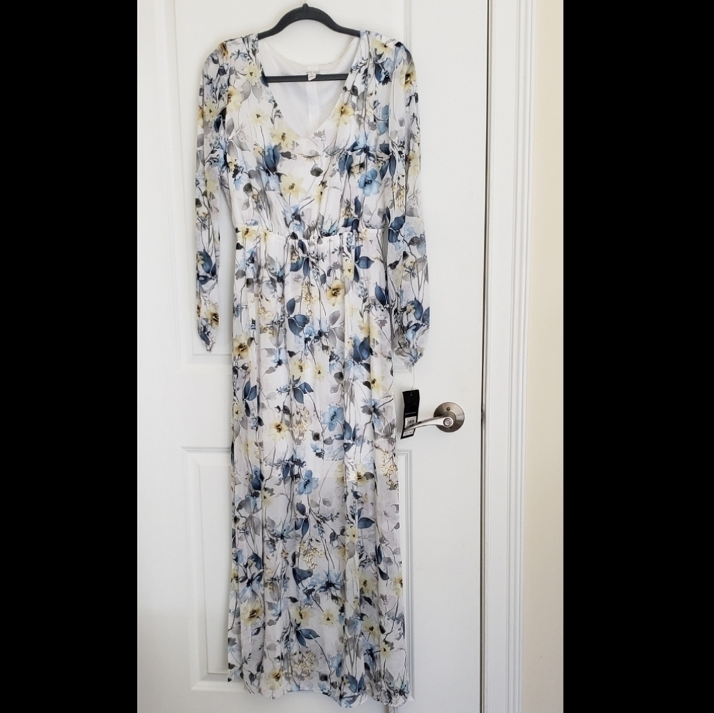 Nine West Blue & Yellow Floral Long Sleeve Chiffon Dress - Size 8